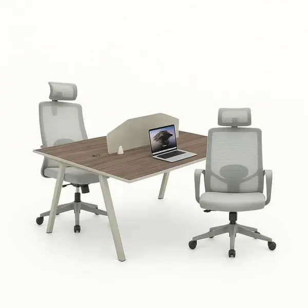 Set Nova 2 & Calvena - Birou operational cu 2 posturi,dulapuri integrate mobile si Scaun de birou ergonomic cu functie de &icirc;nclinare