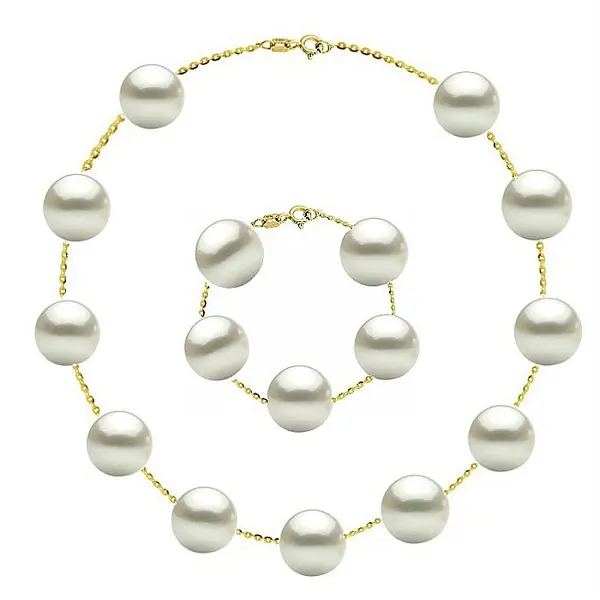 Set Office Perle Albe 9 mm - Colier E i Bratara, Aur Galben 14K KASKADDA