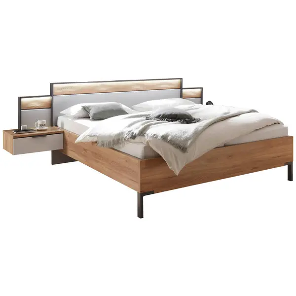 Set Pat Cu Noptiere, 180/200 cm, grafit, culoare lemn stejar, gri deschis