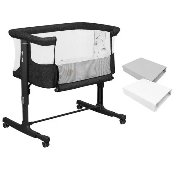 Set patut co-sleeper, Lionelo, Aurora, cu leganare si setare unghiulara, 3 in 1, 85x60x66 cm, Gri inchis+ 2 cearceafuri cu elastic, Qmini, din bumbac certificat Oeko Tex, Alb & Gri