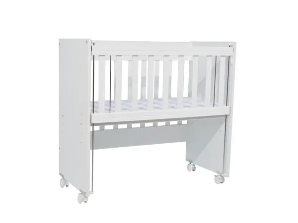 Set patut copii Nichiduta Mini Cot White cu laterala culisanta,somiera reglabila pe 4 nivele de inaltime,Roti cu blocare si Margini rotunjite + Saltea cocos-burete cu detasabila cu fermoar Dreamillo Bunny 90x40 cm