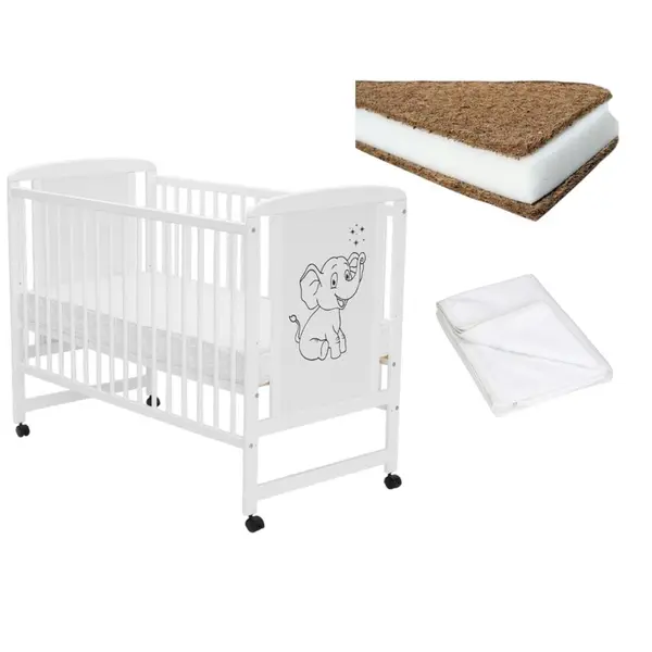 Set Patut din lemn bebe 120x60 cm + Saltea Cocos Confort II + Protectie impermeabila Qmini