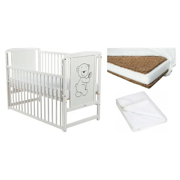 Set Patut din lemn bebe Babyneeds, Timmi, 120x60 cm, Alb + Saltea patut bebe, Cocos Confort II, Cu fibre de cocos si strat de burete, 120x60x12 cm + Protectie impermeabila, Pentru patuturi 120x60 cm, Alb