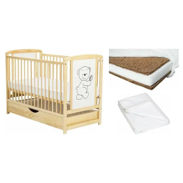 Set Patut din lemn bebe Babyneeds, Timmi cu sertar, 120x60 cm, Natur + Saltea patut bebe, Cocos Confort II, Cu fibre de cocos si strat de burete, 120x60x8 cm + Protectie impermeabila, Pentru patuturi 120x60 cm, Alb