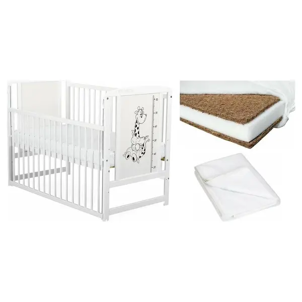 Set Patut din lemn bebe Babyneeds, Timmi Girafa cu laterala culisanta, 120x60 cm, Alb + Saltea patut bebe, Cocos Confort II, Cu fibre de cocos si strat de burete, 120x60x8 cm + Protectie impermeabila, Pentru patuturi 120x60 cm, Alb