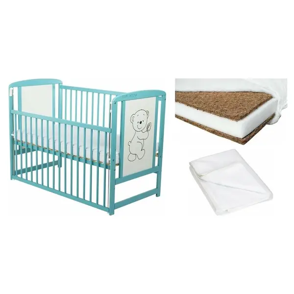 Set Patut din lemn bebe Babyneeds, Timmi Mint cu laterala culisanta, 120x60 cm, Alb + Saltea patut bebe, Cocos Confort II, Cu fibre de cocos si strat de burete, 120x60x8 cm + Protectie impermeabila, Pentru patuturi 120x60 cm, Alb