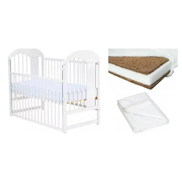 Set Patut din lemn bebe, Julia II cu laterala culisanta, 120x60 cm, Alb + Saltea patut bebe, Cocos Confort II, Cu husa detasabila, Antialergica, 120x60x8 cm + Protectie impermeabila, Pentru patuturi 120x60 cm, Alb