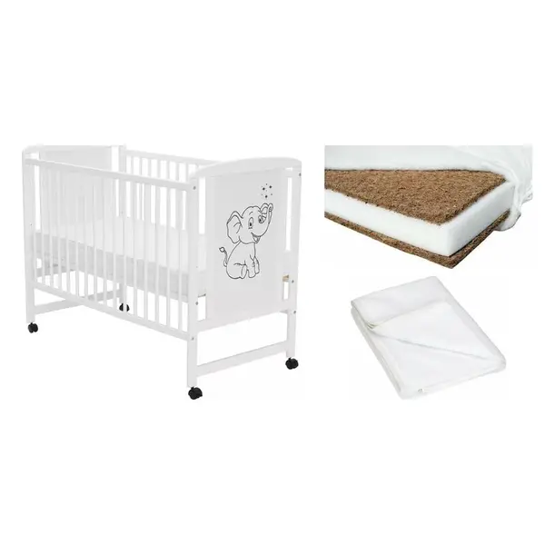 Set Patut din lemn bebe Qmini, Timmi Elephant, 120x60 cm, Alb + Saltea patut bebe, Babyneeds, Cocos Confort II, Cu husa detasabila, Antialergica, 120x60x8 cm + Protectie impermeabila, Qmini, Pentru patuturi 120x60 cm, Alb