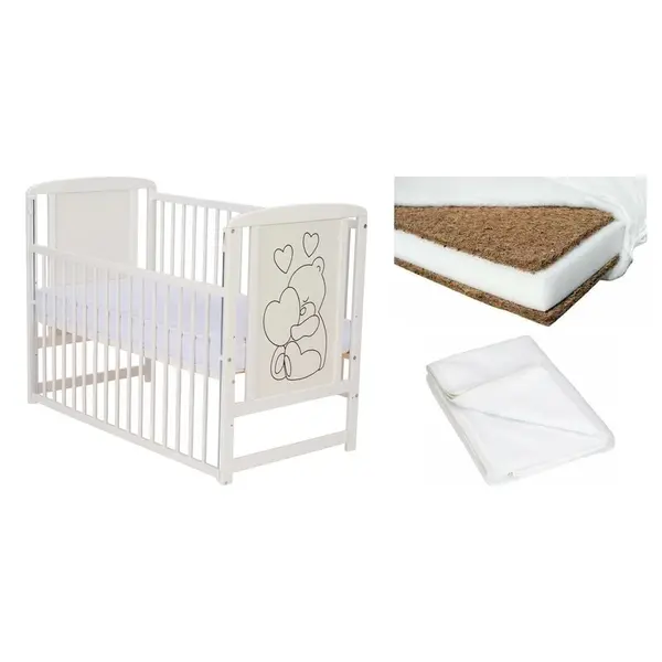 Set Patut din lemn bebe Qmini, Timmi Heart cu laterala culisanta, 120x60 cm, Alb + Saltea patut bebe, Babyneeds, Cocos Confort II, Cu fibre de cocos si strat de burete, 120x60x8 cm + Protectie impermeabila, Qmini, Pentru patuturi 120x60 cm, Alb