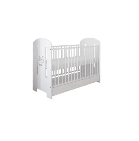 Set Patut din lemn cu sistem 3 bare detasabile si somiera reglabila pe 3 nivele de inaltime Ptilou Elefantel alb + Saltea cu husa detasabila din microfibra 10 cm grosime Nichiduta Cocos Comfort +