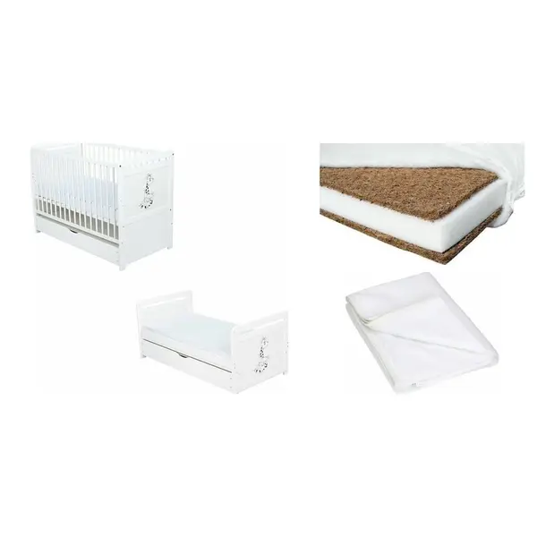 Set Patut din lemn Nadia II Girafa 120x60 cm + Saltea Cocos Confort II + Protectie impermeabila Qmini