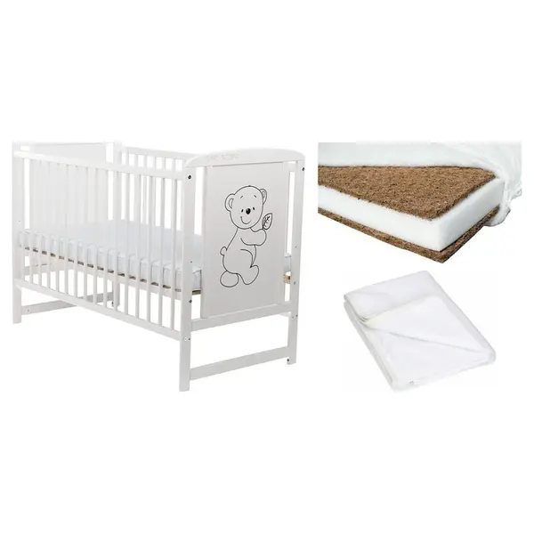 Set Patut din lemn Timmi 120x60 cm + Saltea Cocos Confort II + Protectie impermeabila Qmini