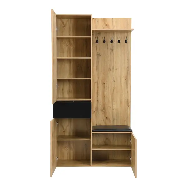 Set pentru garderobă cu 5 cârlige pentru haine, oglindă, dulap pentru pantofi și dulap încorporat, 98,5x38x191 cm, Culoare naturală