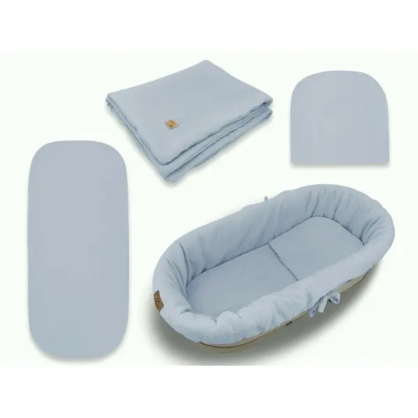 Set pentru landou/cosulet, Qmini, Cu protectie, pilota, saltea, pernuta, Din muselina dubla, Material certificat Oeko Tex Standard 100, Jeans