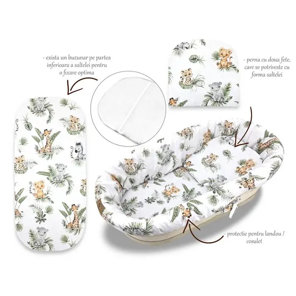 Set pentru landou/cosulet, Qmini, Cu protectie, saltea si pernuta, Din bumbac certificat Oeko Tex Standard 100, Safari