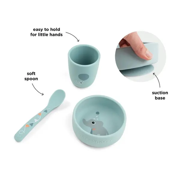 Set pentru prima masa Done by Deer Celebration blue cu ventuza