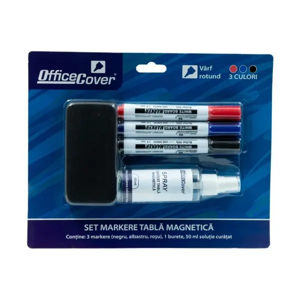Set pentru tabla Office Cover, 3 markere cu varf rotund, burete si solutie de curatare