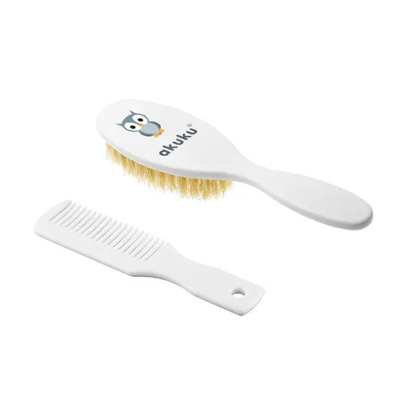 Set perie de par si pieptene Akuku cu peri naturali Bufnita Alb