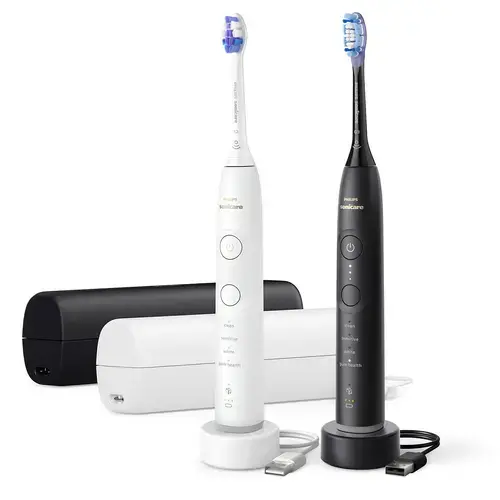 Set periute de dinti electrice Philips 7100 HX7429/02, 3 viteze, 4 programe, 62000 oscilatii, Bluetooth, 2 capete incluse, 2 huse, 2 incarcatoare (Alb/Negru)