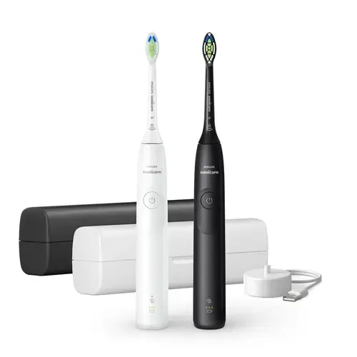 Set Periute de dinti electrice sonice Philips Seria 5300 HX7109/01, 2 viteze, 62.000 oscilatii, Temporizator, Husa calatorie (Alb/Negru)