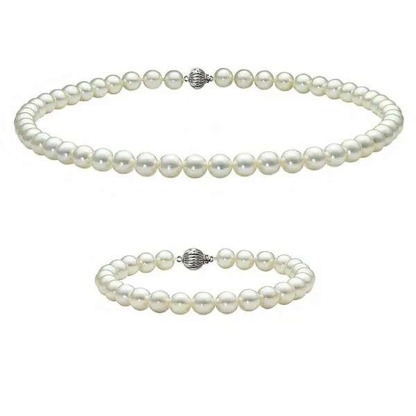 Set Perle AAA - Colier E i Bratara cu Aur Alb 14K, Perle Naturale Akoya Japoneze 7,5-8 mm KASKADDA
