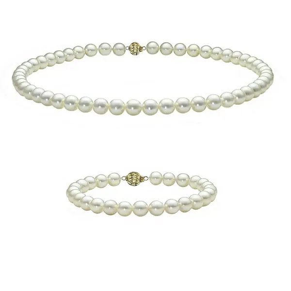 Set Perle AAA - Colier E i Bratara cu Aur Galben 14K, Perle Naturale Akoya Japoneze, 7,5-8 mm KASKADDA