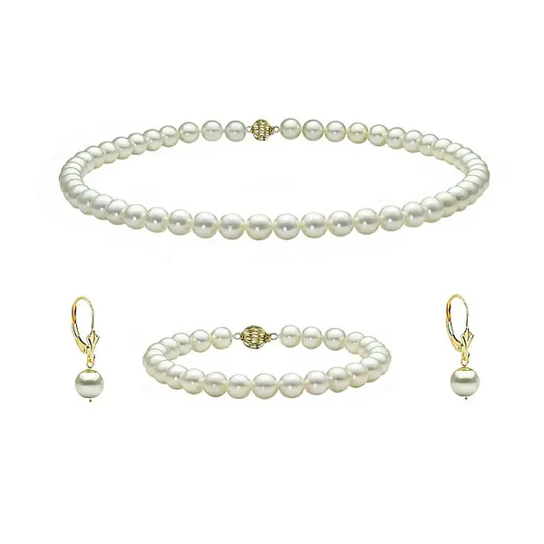 Set Perle Akoya Japoneze 5,5-6 mm - Colier, Bratara si Cercei cu Inchizatori Sferice, Aur Galben 14K KASKADDA