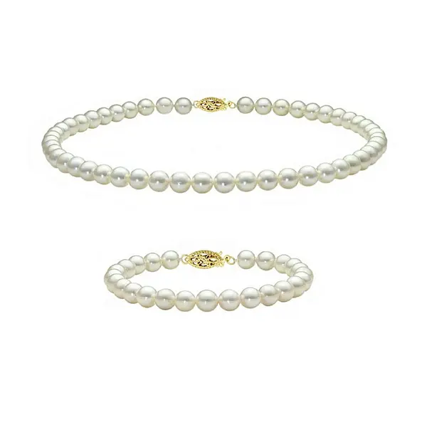 Set Perle Akoya Japoneze 5,5-6 mm - Colier si Bratara cu Inchizatori Filigranate, Aur Galben 14K KASKADDA