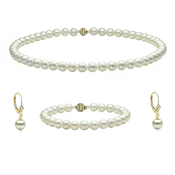 Set Perle Akoya Japoneze 7,5-8 mm - Colier, Bratara E i Cercei, Aur Galben 14K KASKADDA