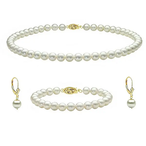 Set Perle Akoya Japoneze 7,5-8 mm - Colier, Bratara E i Cercei cu Inchizatori Filigranate, Aur Galben 14K KASKADDA