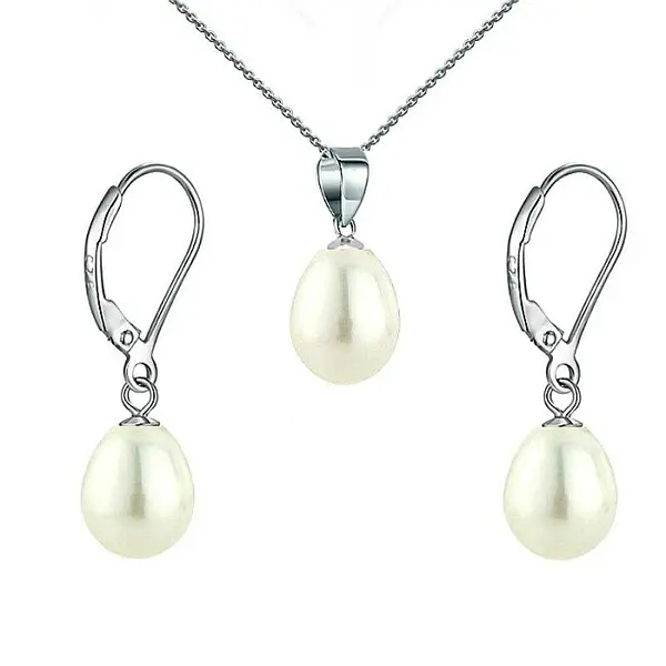Set Perle Albe Lacrima - Colier E i Cercei, Argint Rodiat 925, Perle Naturale 5 8 mm KASKADDA