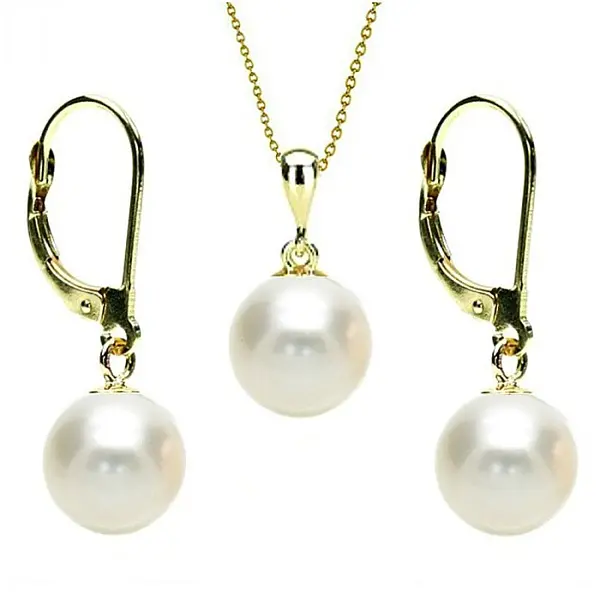 Set Perle - Colier cu Pandantiv E i Cercei, Aur 14K, Perle Naturale Albe 8 mm KASKADDA