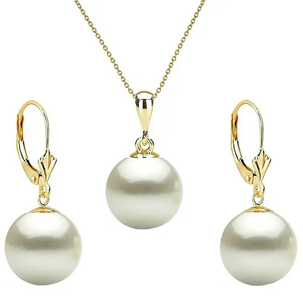 Set Perle - Colier cu Pandantiv E i Cercei, Aur Galben 14K, Perle Albe Premium 10 mm KASKADDA