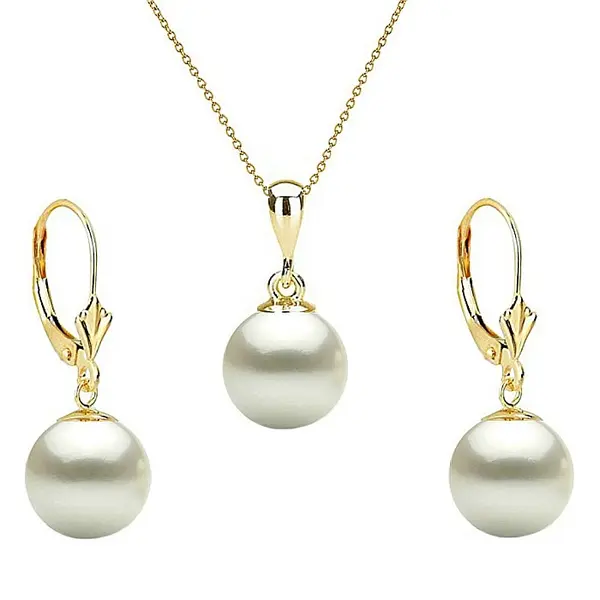 Set Perle - Colier cu Pandantiv E i Cercei, Aur Galben 14K, Perle Albe Premium 8 mm KASKADDA