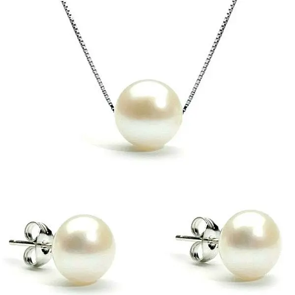 Set Perle - Colier E i Cercei din Argint Rodiat cu Perle Albe Premium 10 mm KASKADDA
