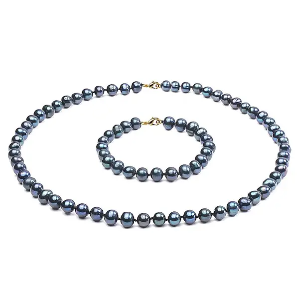 Set Perle - Colier si Bratara cu Perle Naturale Negre 7-8 mm, Inchizatori Aur Galben 14K KASKADDA