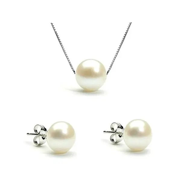 Set Perle - Colier si Cercei din Argint Rodiat cu Perle Albe Premium 8 mm KASKADDA