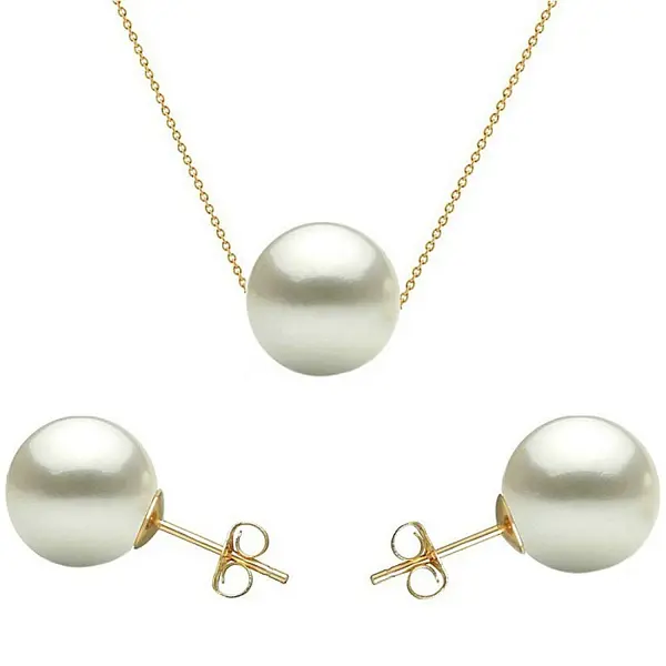 Set Perle - Colier si Cercei Tip surub, Aur Galben 14K, Perle Albe Premium 8 mm KASKADDA