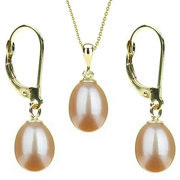 Set Perle Crem Lacrima - Colier E i Cercei, Aur Galben 14K, Perle Naturale 5 8 mm KASKADDA
