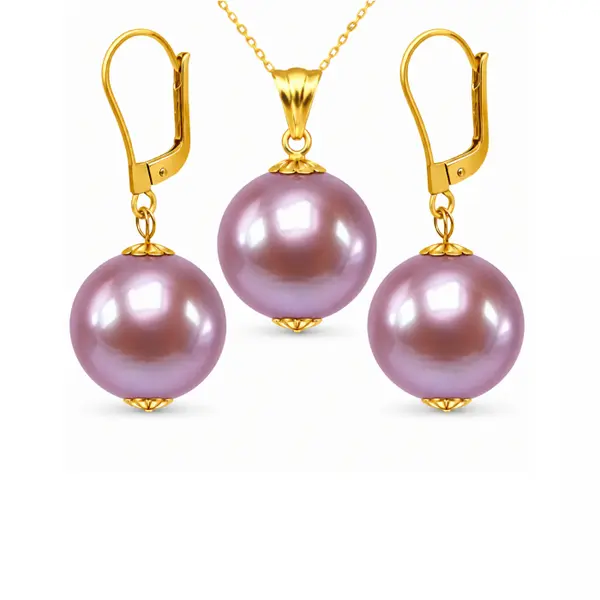Set Perle Edison Lavanda AAA - Colier si Cercei Aur Galben 14K, Perle Naturale 11,5-12 mm KASKADDA