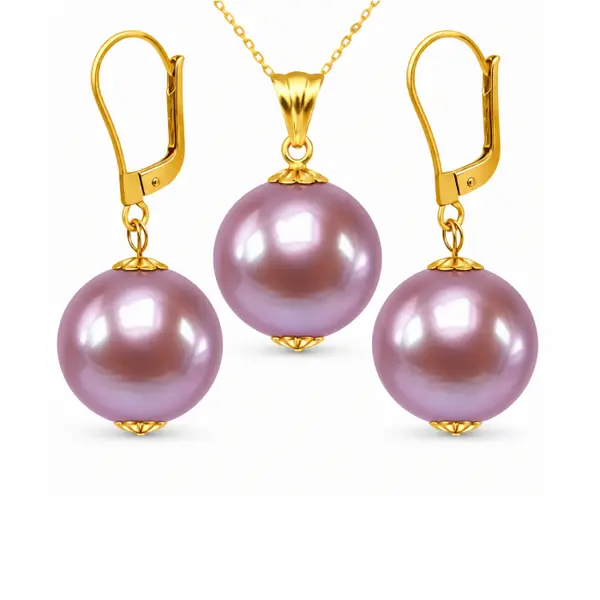Set Perle Edison Lavanda AAA Rare - Colier E i Cercei Aur Galben 14K, Perle Naturale 12,5-13 mm KASKADDA