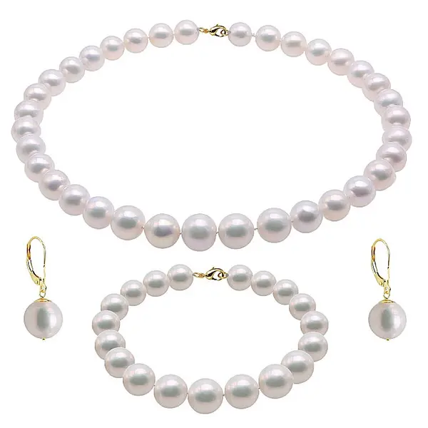 Set Perle Mari - Colier, Bratara si Cercei Business, Aur Galben 14K, Perle Albe Premium 8,5-9,5 mm KASKADDA
