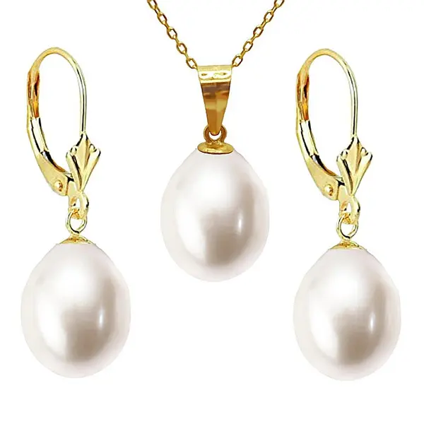 Set Perle Mari - Colier cu Pandantiv E i Cercei, Aur Galben 14K, Perle Albe Rare 11 9 mm, Forma Lacrima AAA+ KASKADDA