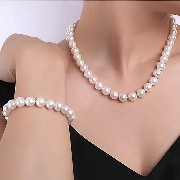 Set Perle Mari - Colier E i Bratara Business, Inchizatori Aur Galben 14K, Perle Albe 8,5-9,5 mm KASKADDA