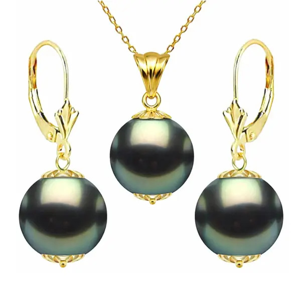 Set Perle Negre Tahitiene - Colier cu Pandantiv E i Cercei, Aur Galben 14K, Perle Rotunde 9-10 mm, Calitate AAA KASKADDA