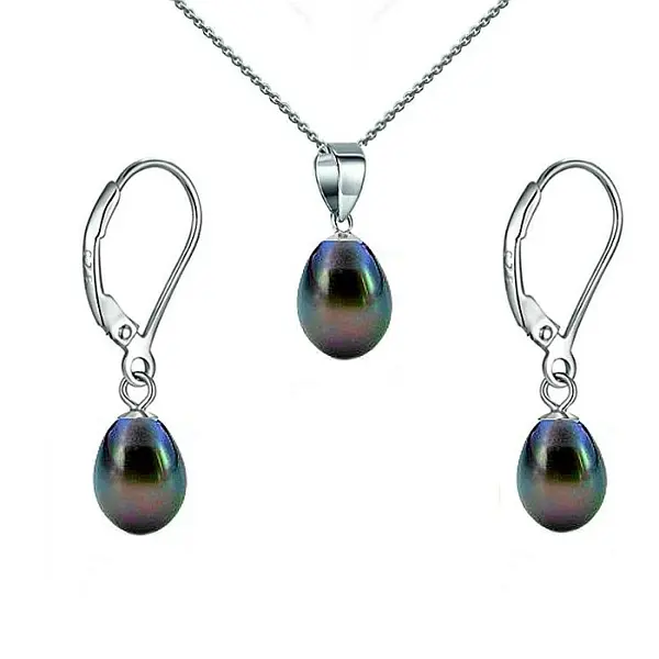 Set Perle Negru-Albastrui Lacrima - Colier E i Cercei, Argint Rodiat 925, Perle Naturale 5 8 mm KASKADDA