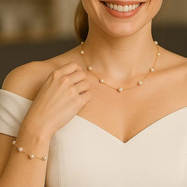 Set Perle Office, Albe, 7-8 mm - Colier, Bratara E i Cercei, Aur Galben 14K KASKADDA