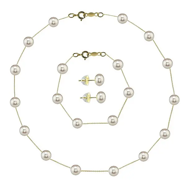 Set Perle Office- Colier, Bratara si Cercei cu Perle Naturale Albe 4-5 mm, Aur Galben 14K (aur 585) - KASKADDA