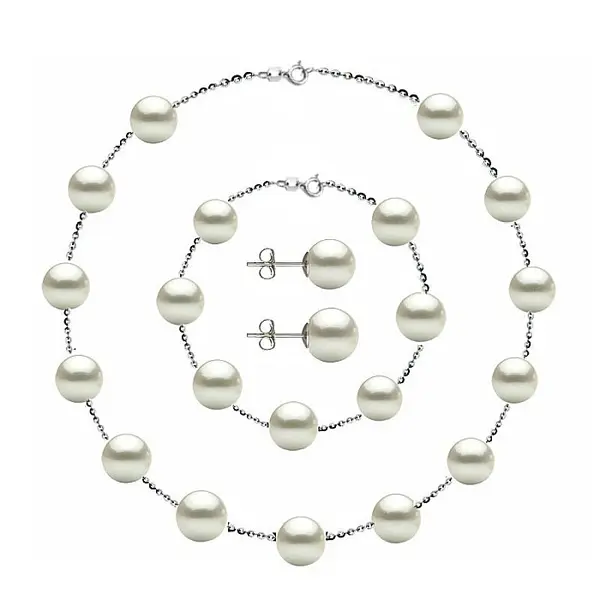 Set Perle Office - Colier, Bratara si Cercei Tortita Inchisa, Argint 925, Perle Naturale Albe 7-8 mm KASKADDA