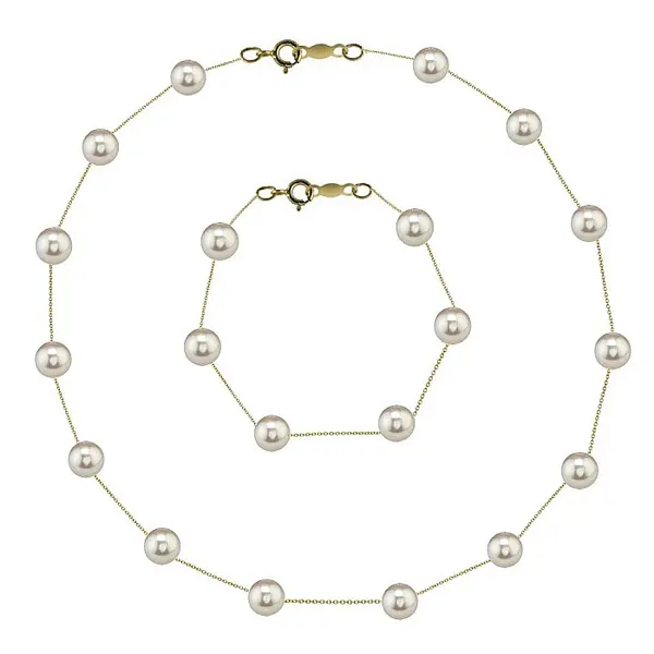 Set Perle Office- Colier E i Bratara cu Perle Naturale Albe 4-5 mm, Aur Galben 14K (aur 585) KASKADDA